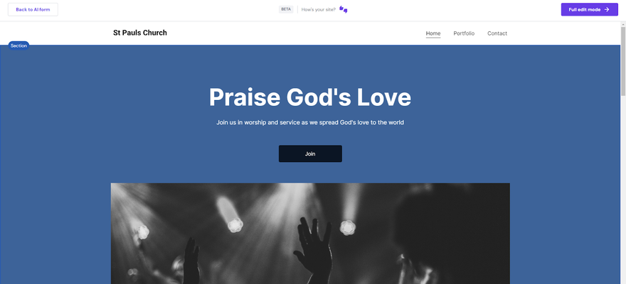 a blue website template with white text for a church website