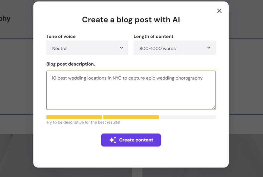 Hostinger's AI blog generator pop up box