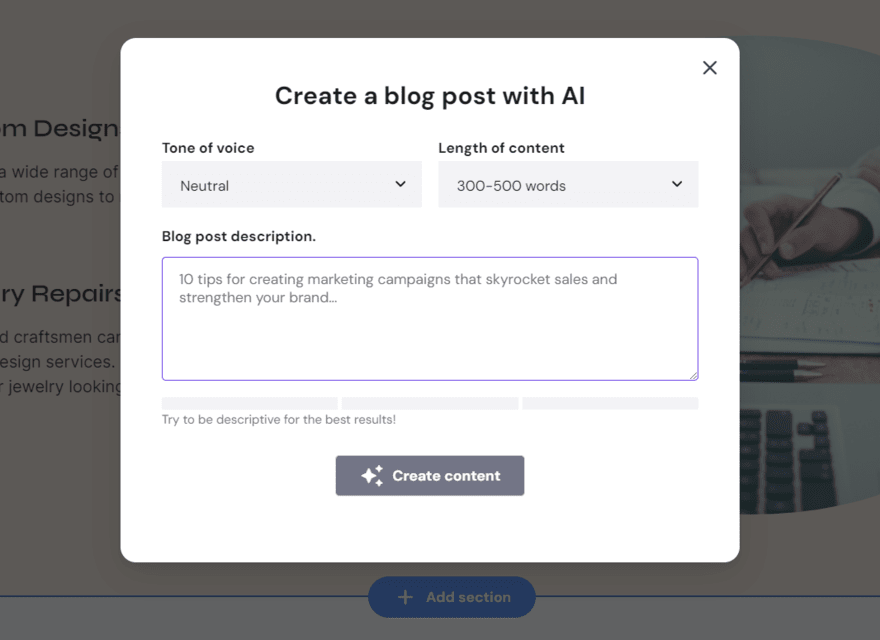 Hostinger AI blog post AI blog post creation pop up box in Hostinger