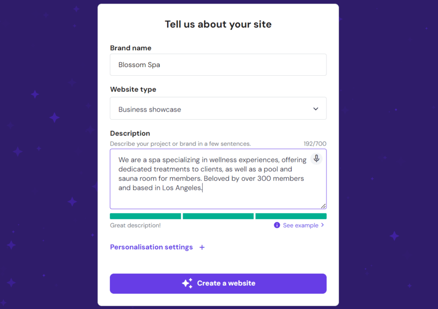 Hostinger AI builder in action A Hostinger popup showing its AI setup, asking for brand name, website type, and a description of your project.
