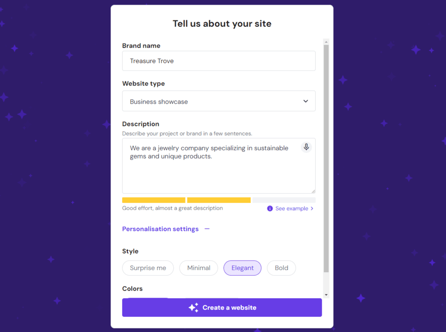 Hostinger AI site creation Hostinger AI builder form to help create a website