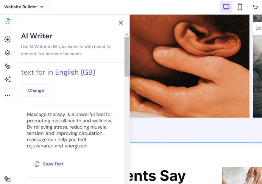 Hostinger's AI writer in action within its web builder editor