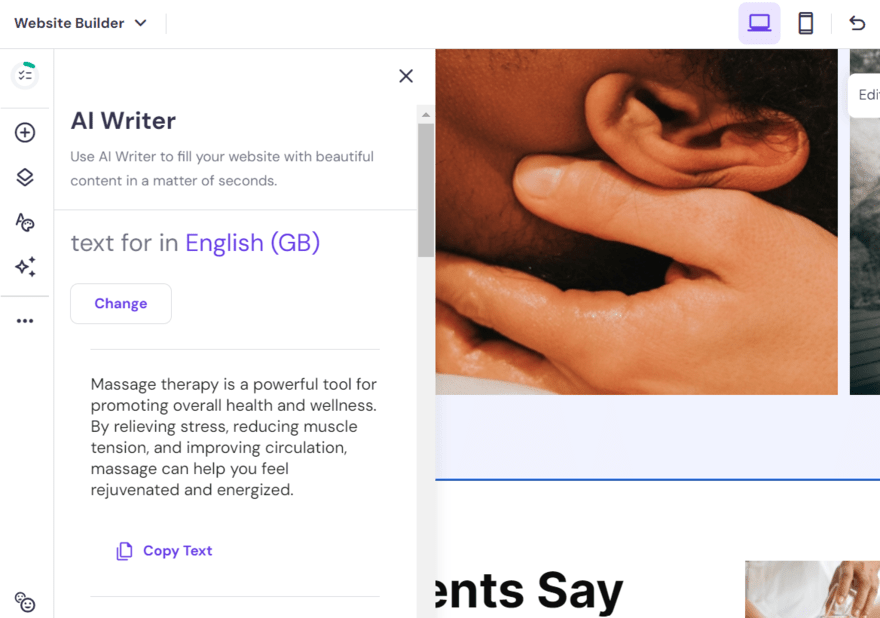 Hostinger AI writer Hostinger's AI writer in action within its web builder editor