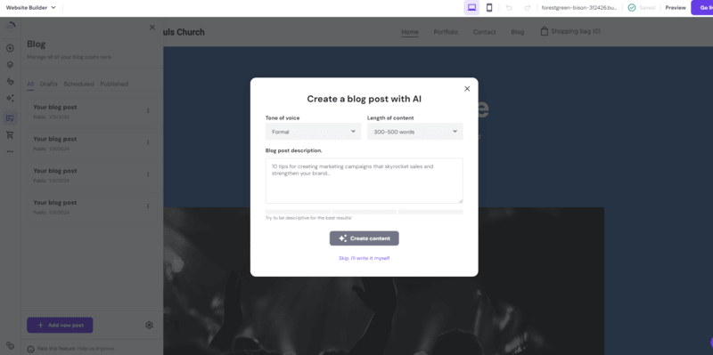 hostinger blogging AI writer a popup window detailing using AI