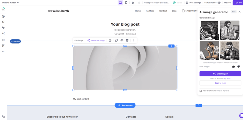 hostinger blogging AI a blog editor with a selection of generated images