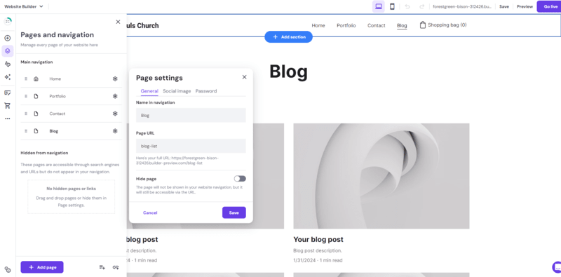 hostinger blogging a white website editor with a blog page