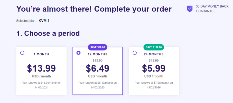 Hostinger cheapest VPS subscription lengths Three subscription prices for one of Hostinger's VPS plans