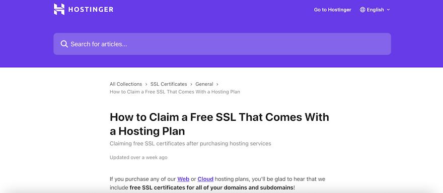 Hostinger Knowledge Base A Hostinger Knowledge Base page, showing an article on how to claim a free SSL.