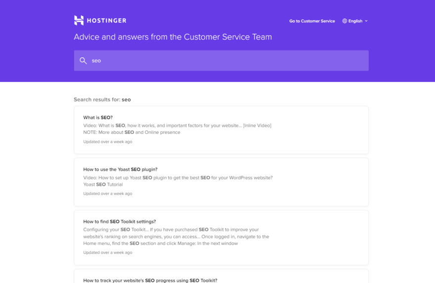 Hostinger knowledge center Hostinger Knowledge Center result page for the term "seo"