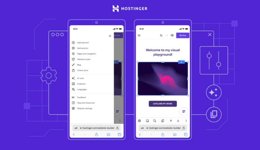 Hostinger mobile editor Purple background with two phone models showing Hostinger's mobile editor