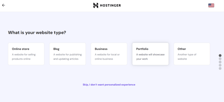 Hostinger onboarding question asking for your website type