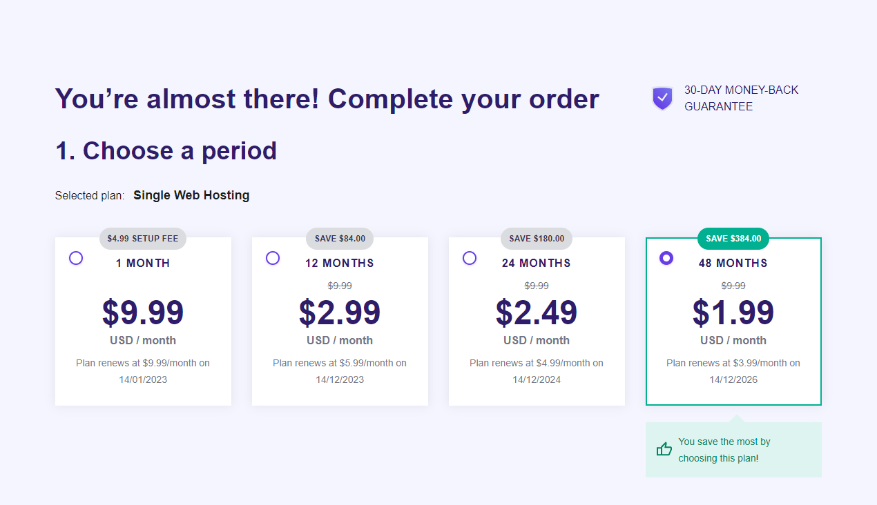 Hostinger pricing Four Hostinger prices for 1 month plans, 12 months, 24 months, and 48 months