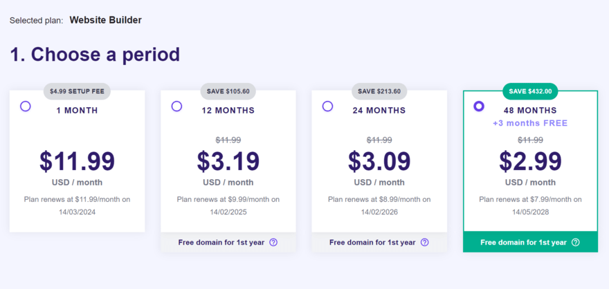 Pricing for Hostinger's cheapest website builder plan, showing different terms and prices