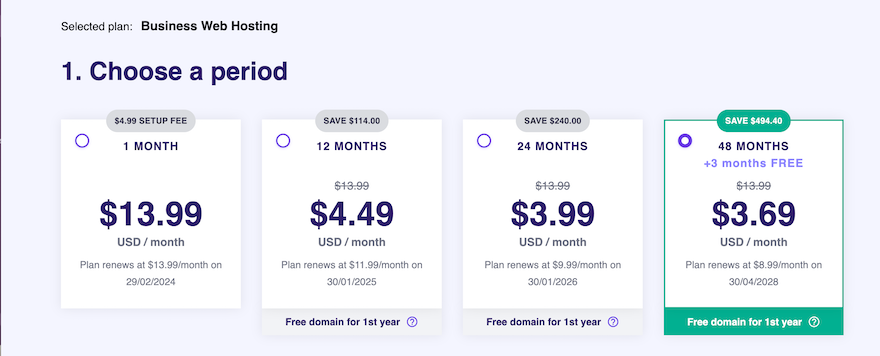 Hostinger Term Lengths The Hostinger checkout page showing four white boxes in a horizontal row, each containing a different price for a different contract term length