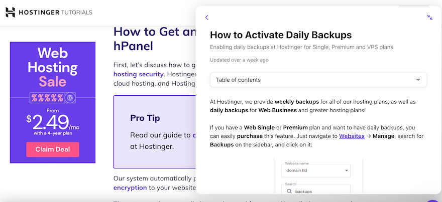 Hostinger Tutorial Chat Box A Hostinger tutorial page with a white chat box open in the bottom right and showing instructions on how to activate daily backups.
