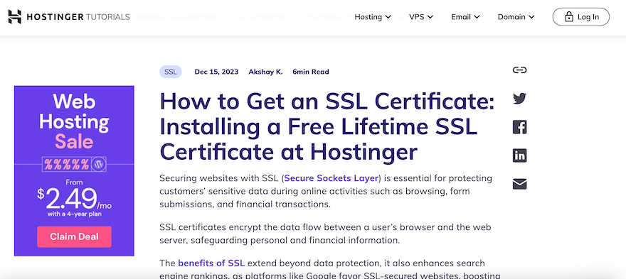 Hostinger Tutorials A Hostinger Tutorial, showing the introduction to a tutorial on how to install a free lifetime SSL certificate.