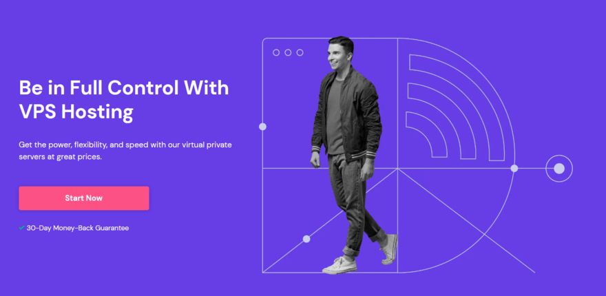 Hostinger VPS AI Assistant Hostinger VPS homepage. A purple background with a man on the right next to white text.