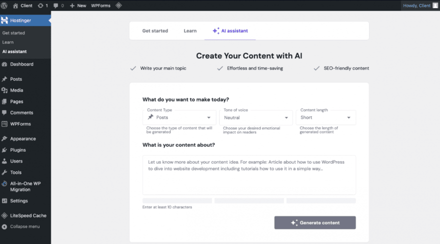 Hostinger WordPress AI Assistant Content creation form for Hostinger's WordPress AI Assistant
