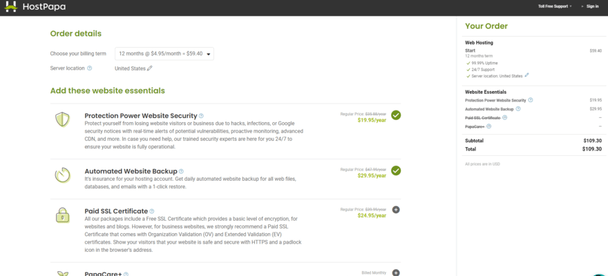 Additional features to add on in HostPapa's checkout page for shared hosting