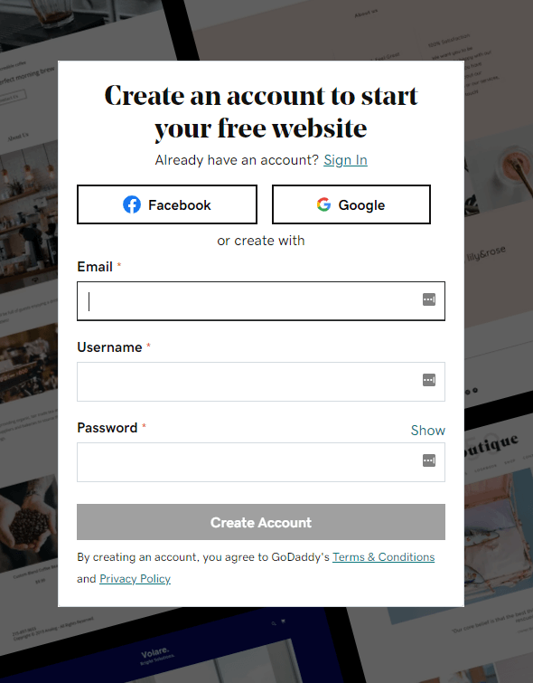 how-to-build-a-godaddy-website-sign-up A pop-up menu for signing up to GoDaddy