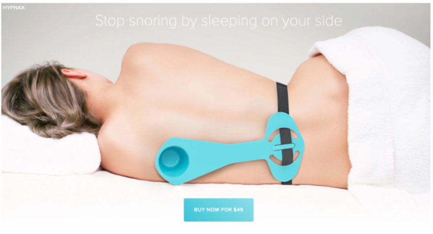 Hypnax Hypnax homepage showing a woman sleeping on her side with the Hypnax device.