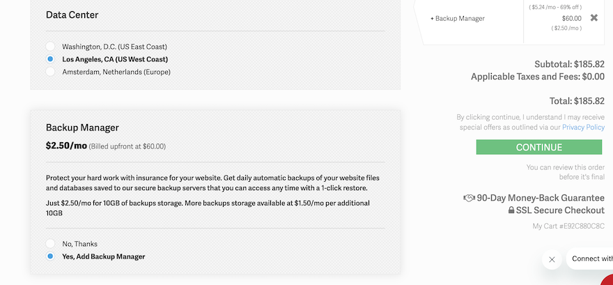 InMotion Backup Add-On InMotion checkout page showing Data Center options on the left above the option to purchase the Backup Manager. On the right is a summary of the cart, showing the chosen hosting plan and associated costs.
