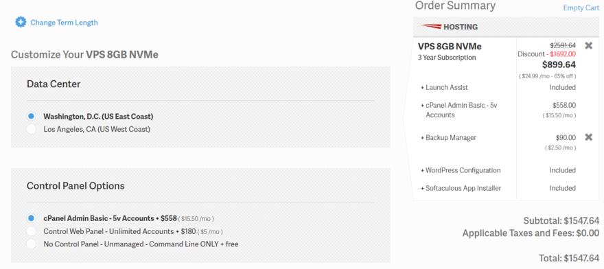 inmotion hosting costs InMotion VPS hosting checkout page
