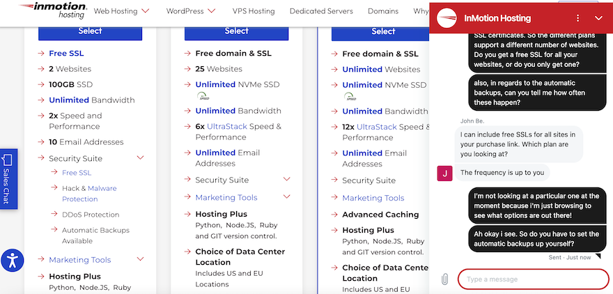 InMotion Live Chat InMotion pricing page showing a chat box to the right with an ongoing conversation.