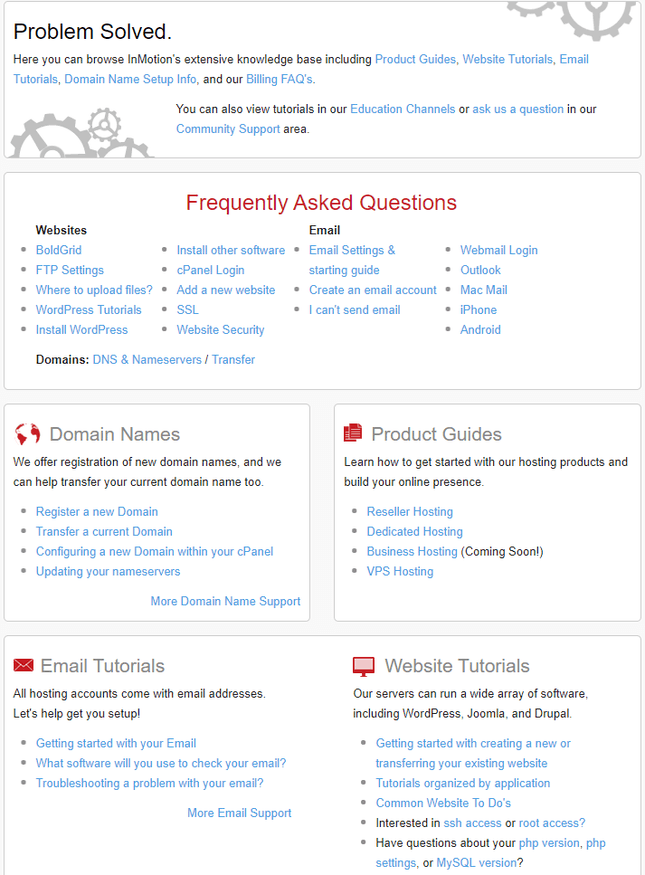 InMotion Support Center InMotion support center with red FAQs and informaiton