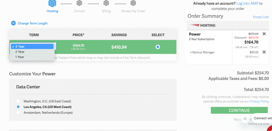 InMotion Term Lengths The InMotion checkout page showing a gray drop-down menu with the available contract terms on the left. On the right is a summary of the cart, showing the chosen hosting plan and associated costs.