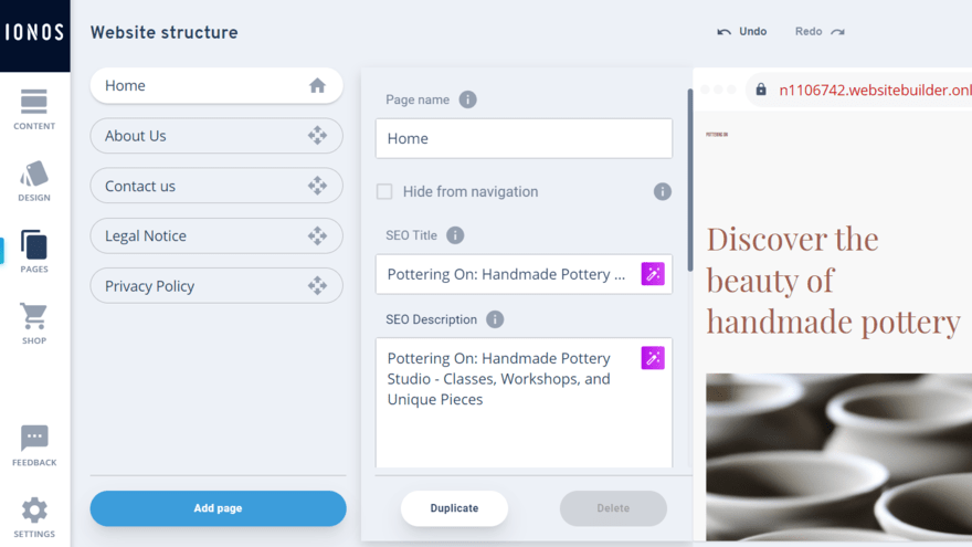 IONOS AI SEO tags Using IONOS' AI tool to create SEO page title and description