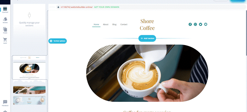 a webpage with a picture of coffee
