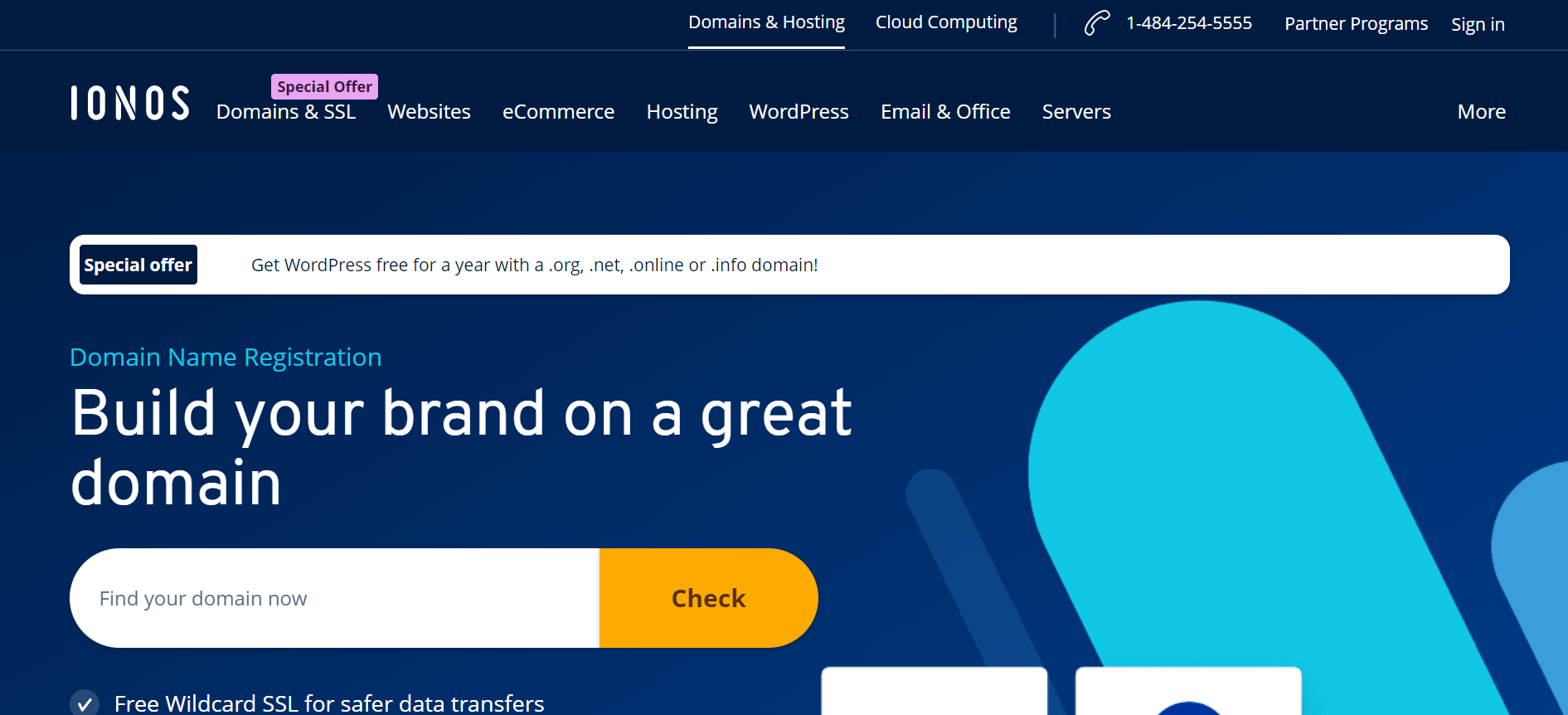ionos domains Landing page for IONOS domains with a domain search bar