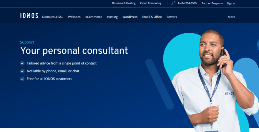 IONOS personal consultant IONOS personal consultant page with man in white shirt on the phone
