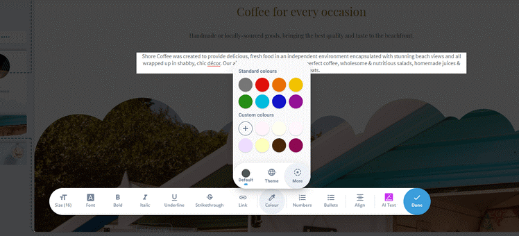 a colour picker and text editing bar