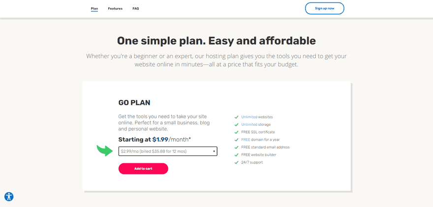 ipage prices iPage hosting plan homepage, featuring price and core features of its one plan