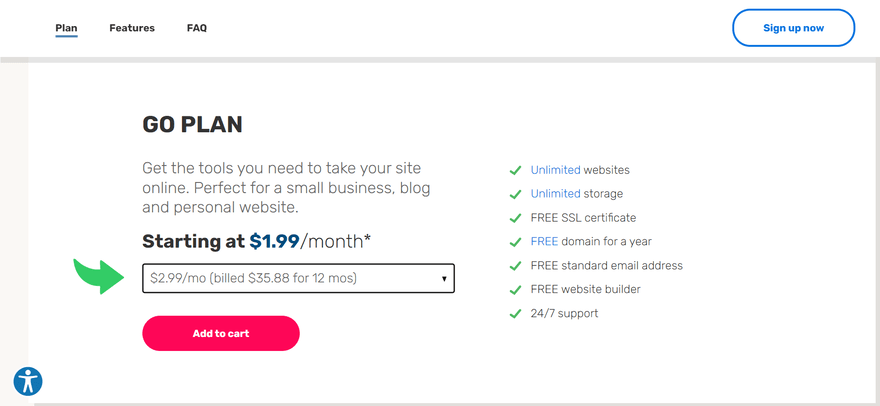 iPage Shared Hosting Plan iPage's sign up page for its $1.99 Go Plan with a pink signup button