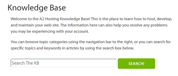a2 knowledge base screenshot of a2 hosting's knowledge base with search function