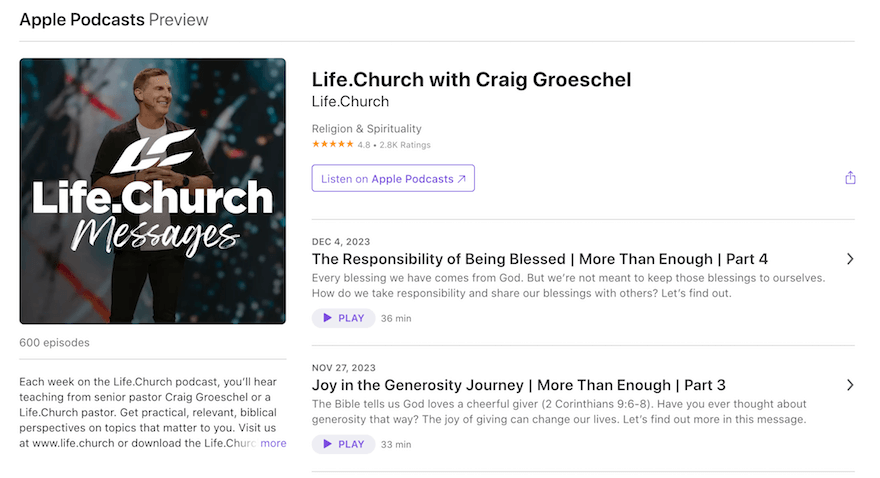 Life.Church with Craig Groeschel Apple Podcasts website screenshot Life.Church with Craig Groeschel Apple Podcasts website screenshot