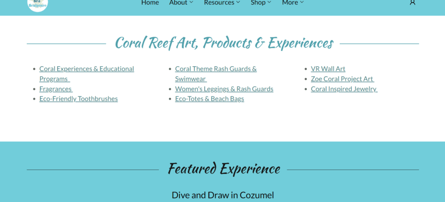 Living Sea Sculptures homepage featuring a navigation section to its products