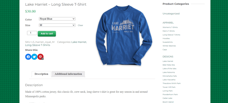 LoveMplsParks product page featuring a long sleeved print on demand top and purchase information