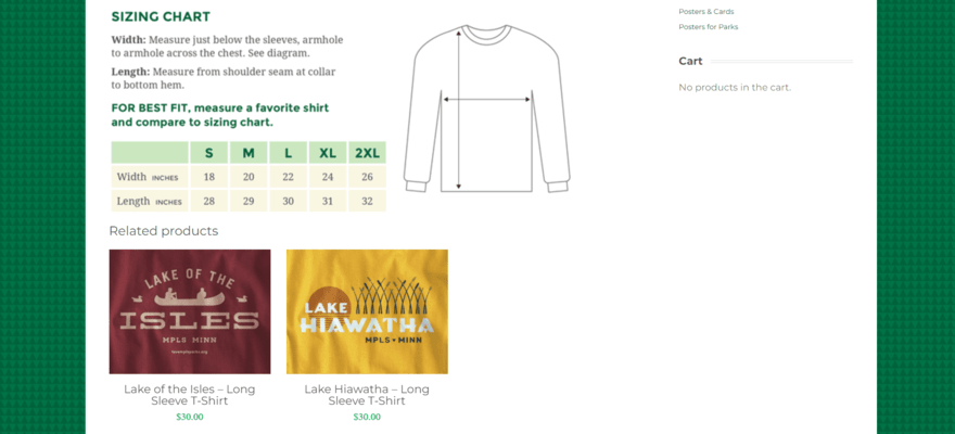 Sizing chart and related products on a LoveMplsParks product page