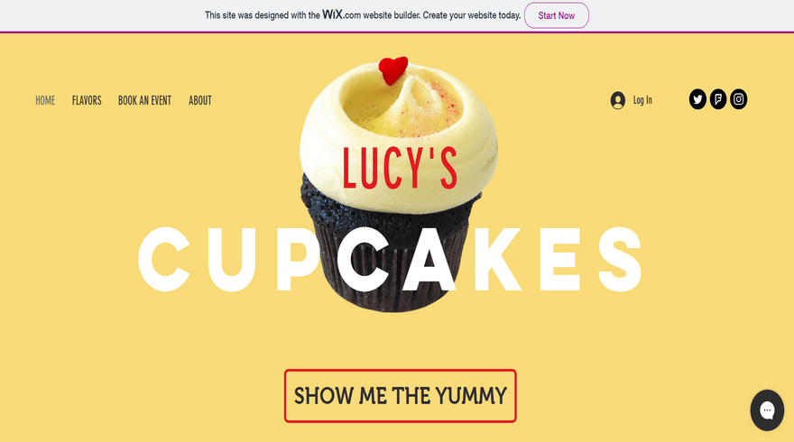 Free Wix demo site homepage featuring a yellow background and cupcake image with "Lucy's Cupcakes" over the top
