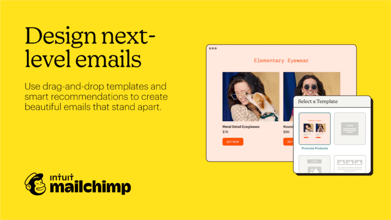 MAILCHIMP mailchimp homepage emphasizing their drag-and-drop templates