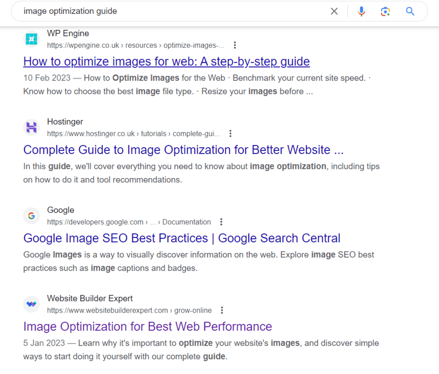 meta title examples in SERPs Google results page for search term "image optimization guide" showing four page results