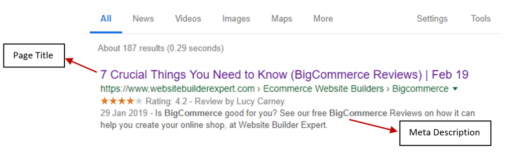 Metadata example Page title and meta description example on Google