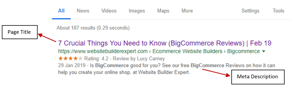 Page title and meta description example on Google