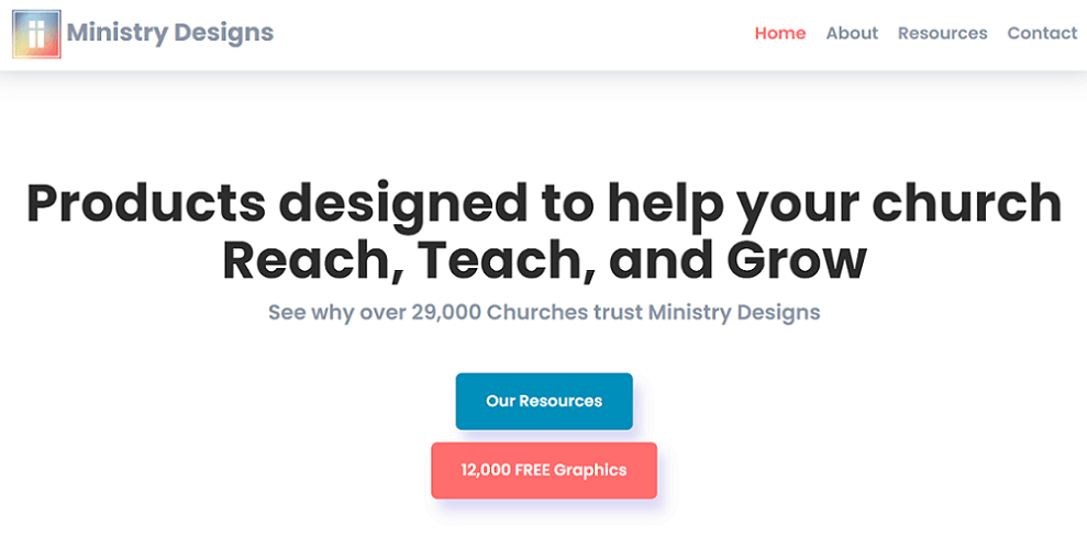 Ministry Designs homepage with buttons to direct visitors to its resources