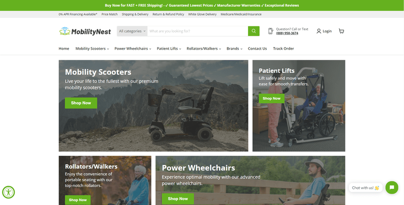 Mobility nest (1) screenshot of a mobility website, with green banner