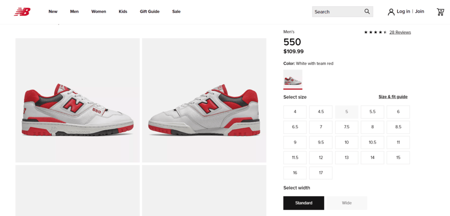 New Balance product page for men's 550 shoes